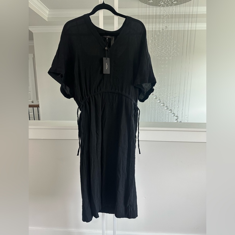 Rag And Bone Elegant Gathered Cotton Black Midi Dress - Picture 3 of 6
